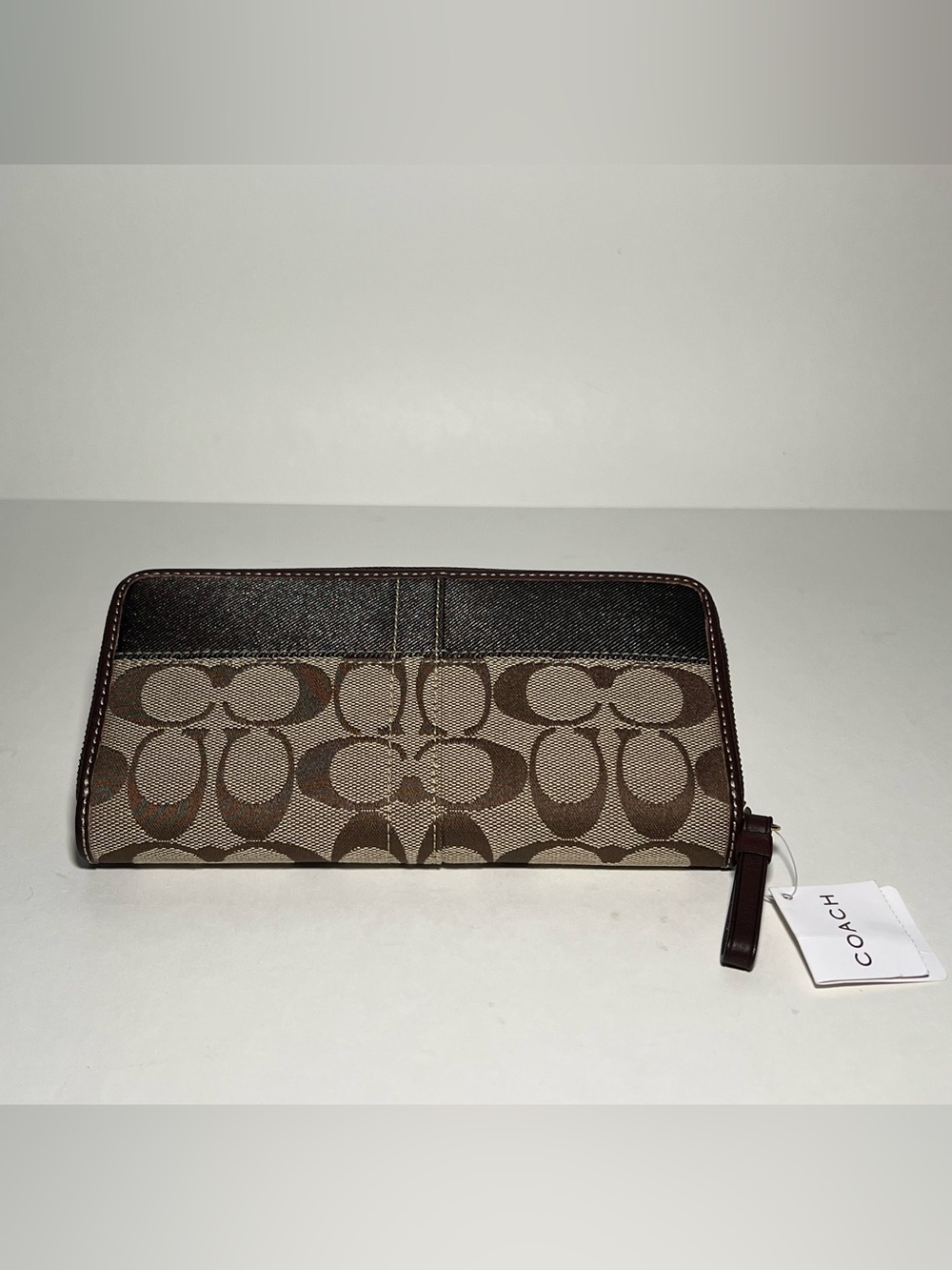 Coach Brown Signature Canvas Leather Zip Around Wallet